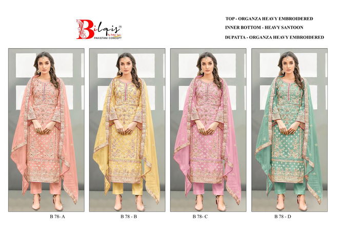 Bilqis B 78 A To D Organza Designer Pakistani Suits Wholesale Market In Surat
